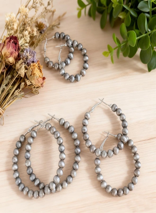 YLZZMDQSZ 3 Pairs Navajo Pearl Hoop Earrings, Western Cowgirl Jewelry for Women, Vintage Beaded Hoops Navajo Pearl Earrings with 3 Sizes, Country Concert Gifts for Women - Image 4